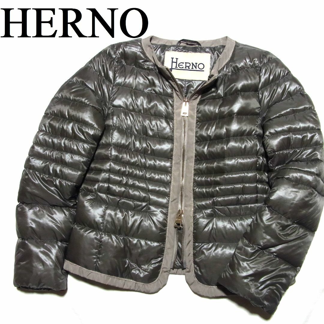 HERNO - 大きいサイズ ヘルノ ノーカラー 切替 ダウン ジャケット 46 PI0179D