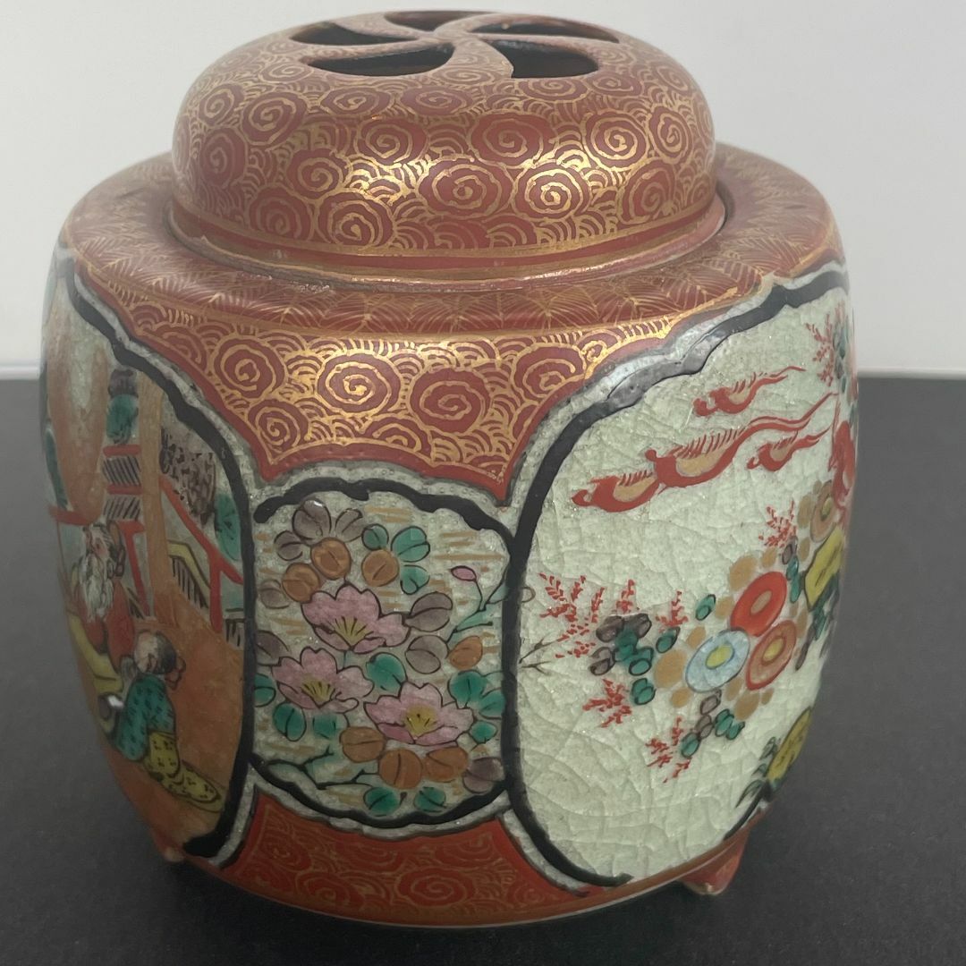 九谷焼 庄三作 香枦 香櫨 古九谷 赤絵 金蘭手 木箱付 花鳥賢人文