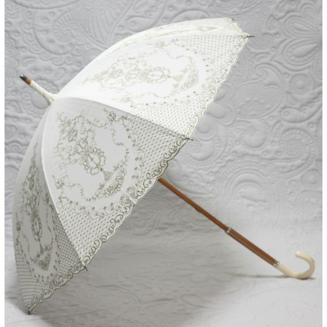 新品【晴雨兼用 長傘】繊細 豪華刺繍 傘先クシュッ 木製 雨傘 日傘 日本製