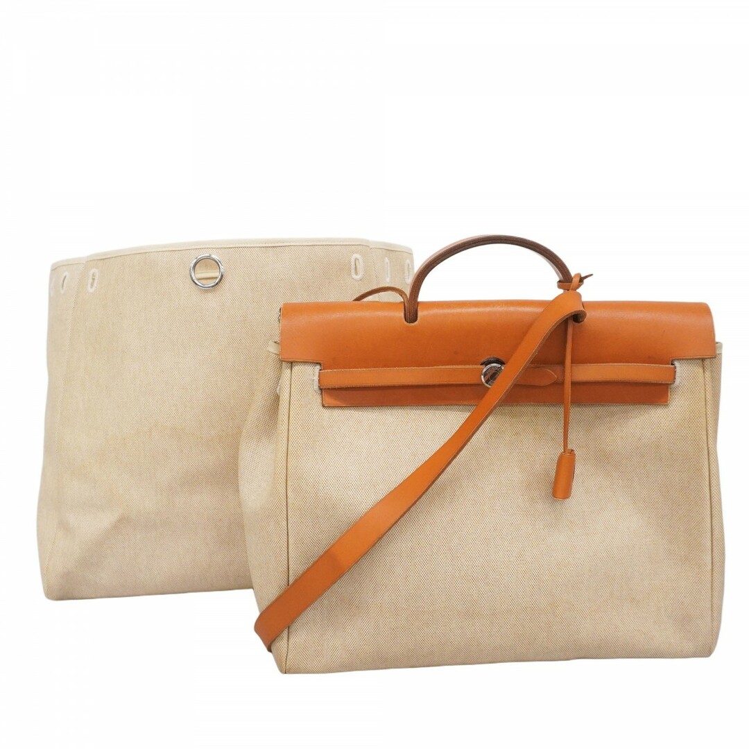 HERMES - 【5eb2258】エルメス ハンドバッグ エールバッグGM トワルアッシュ ナチュラル シルバー金具 □C刻印【中古】レディース