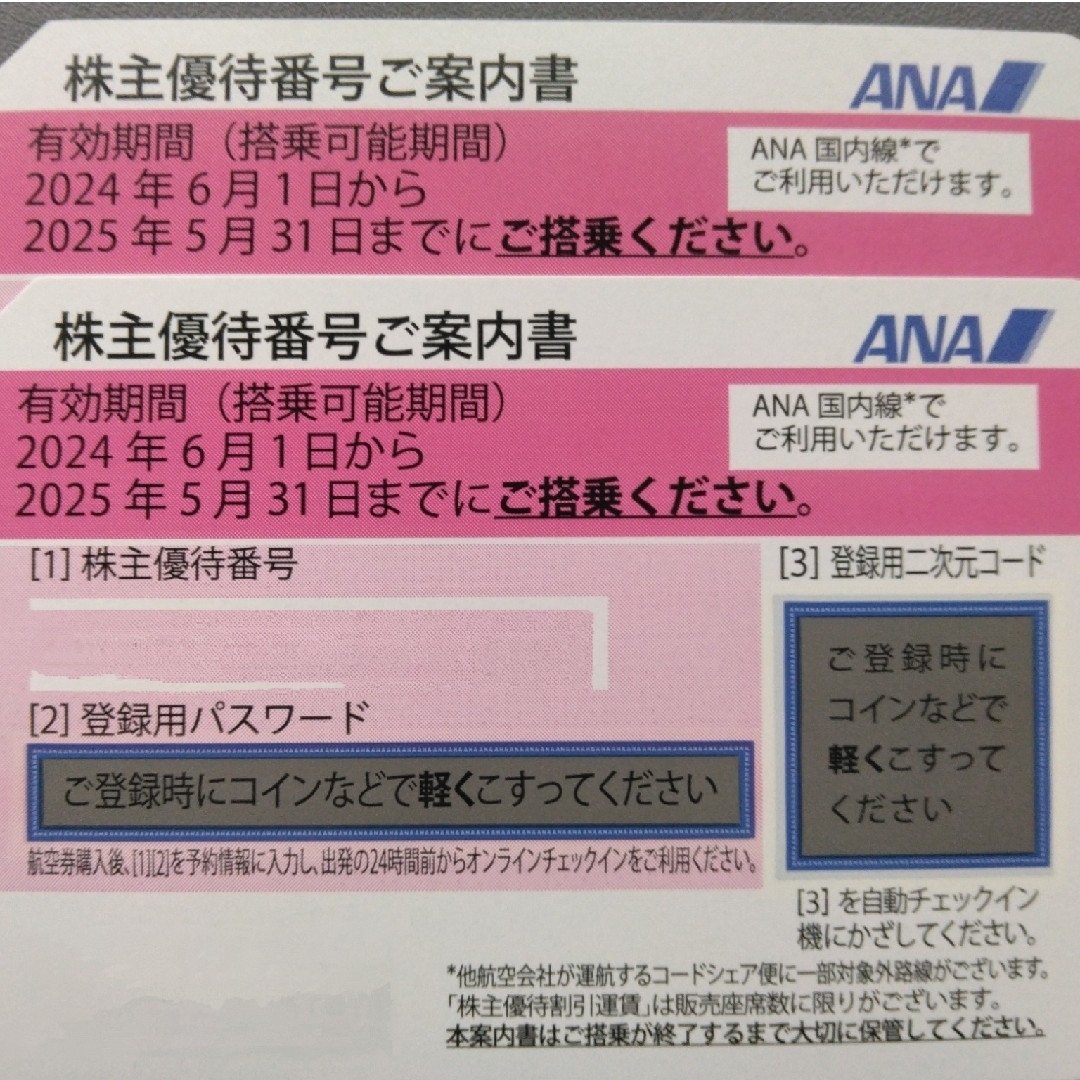 ANA(全日本空輸)(エーエヌエー(ゼンニッポンクウユ))のANA株主優待券 2枚 チケットの優待券/割引券(その他)の商品写真