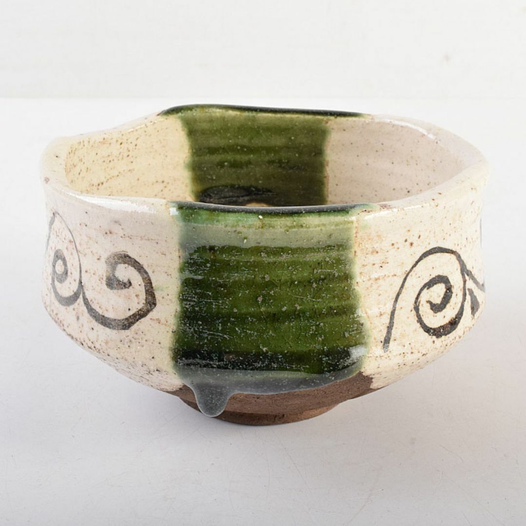 茶道具 加藤唐九郎（一ム斎）作 絵織部 茶碗 時代箱 C R8826の