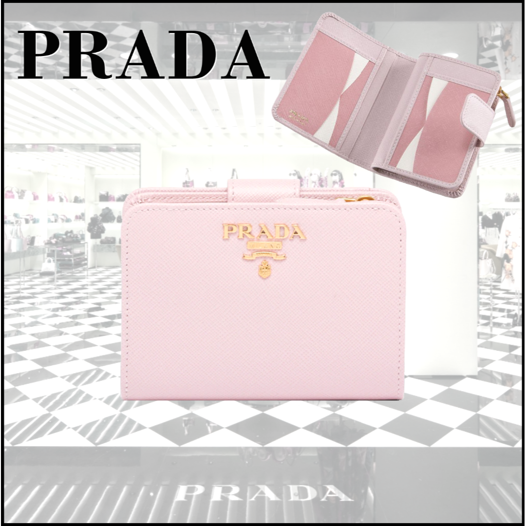PRADA - PRADA プラダ サフィアーノレザー マルチカラー 2つ折り財布 ピンク