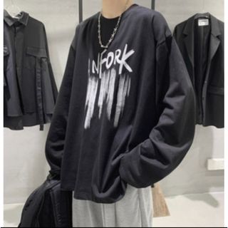 【残2！】ペイント柄　メンズロンT 長袖　オーバーサイズ　プリント　ブラック
