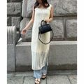【アイボリー】【S】クロシェ編みバックリボンIラインワンピース