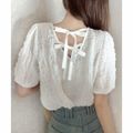 【ホワイト】【M】バックリボンジャガードブラウス