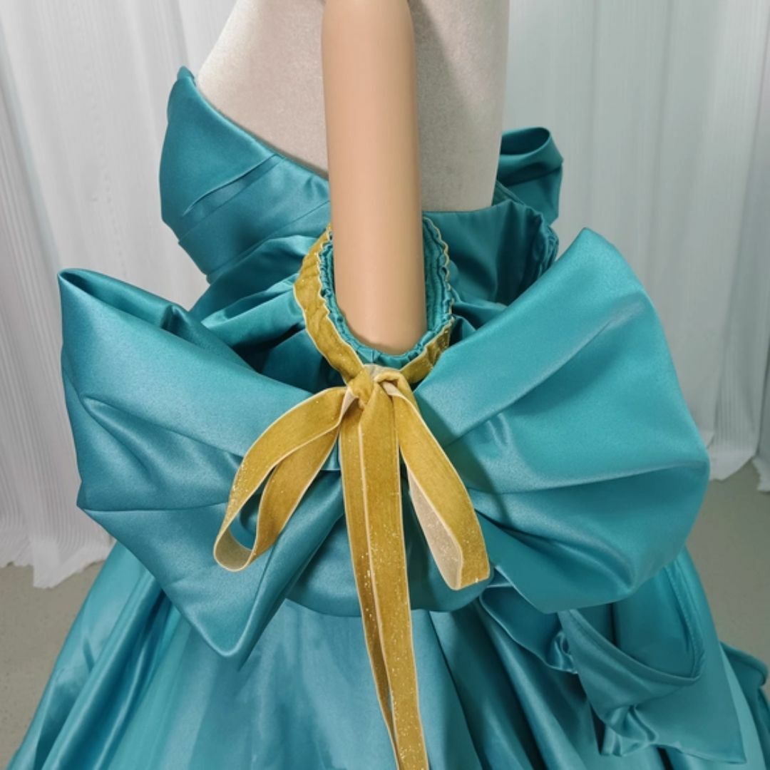 送料無料！姫袖 パフスリーブ 光沢感 グリーン 色直し  結婚式 花嫁  可愛い