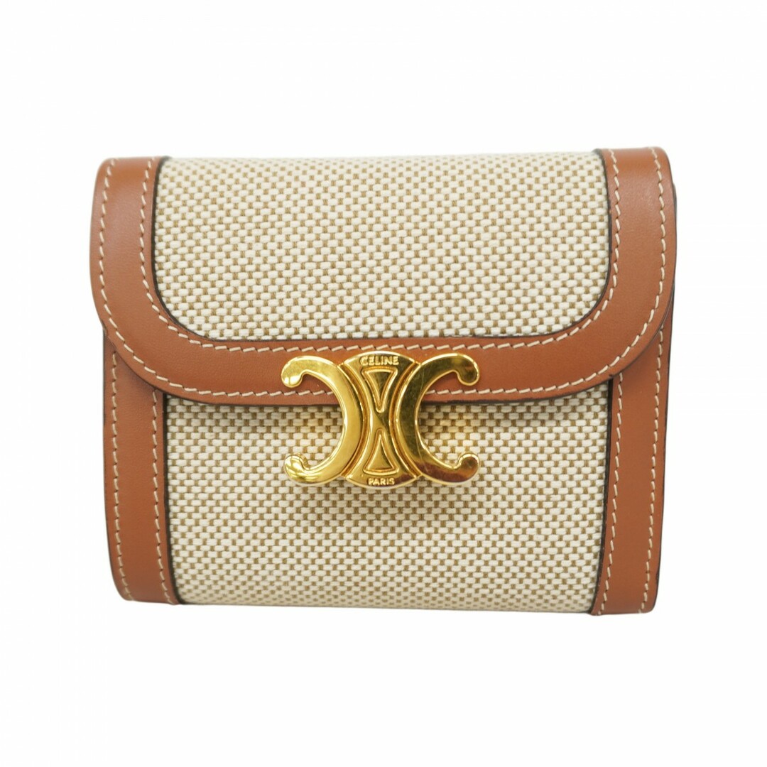 CELINE - 【5eb2159】セリーヌ 三つ折り財布 トリオンフ キャンバス レザー ベージュ ブラウン ゴールド金具【中古】レディース