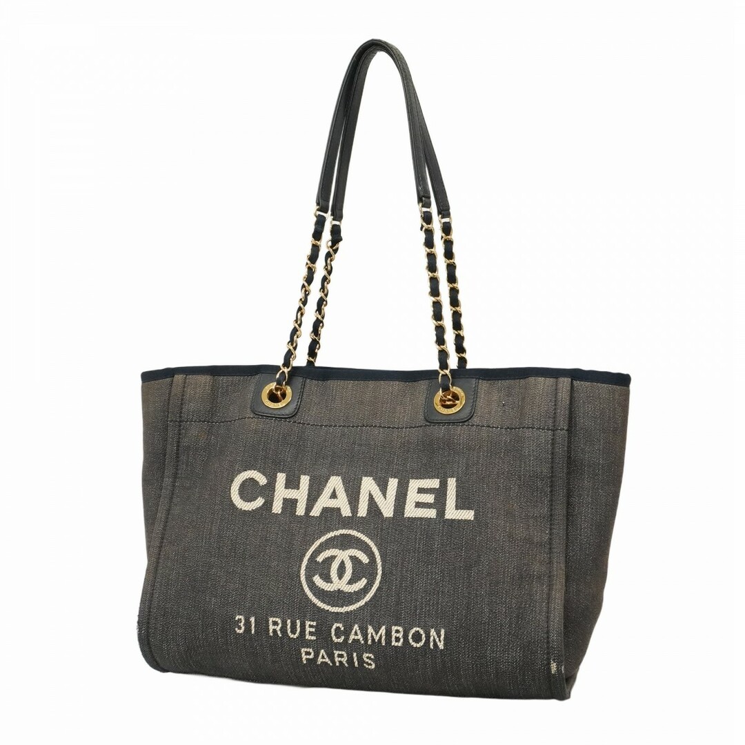CHANEL - 【5eb2248】シャネル トートバッグ ドーヴィル チェーン デニム ネイビー ゴールド金具【中古】レディース