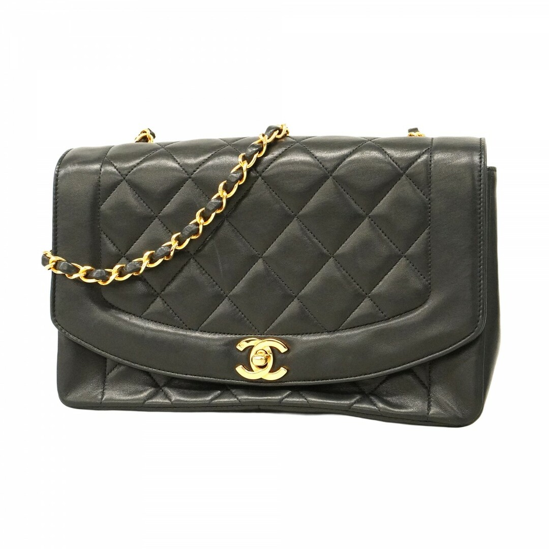CHANEL - 【5eb2254】シャネル ショルダーバッグ ダイアナ チェーンショルダー ラムスキン ブラック ゴールド金具【中古】レディース