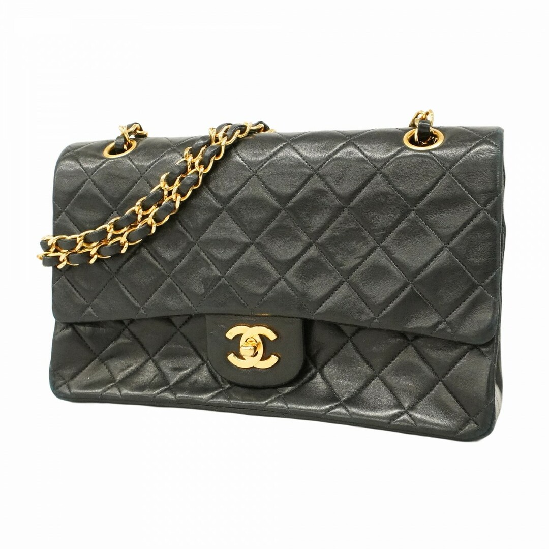 CHANEL - 【5eb2255】シャネル ショルダーバッグ マトラッセ Wフラップ Wチェーン ラムスキン ブラック ゴールド金具【中古】レディース
