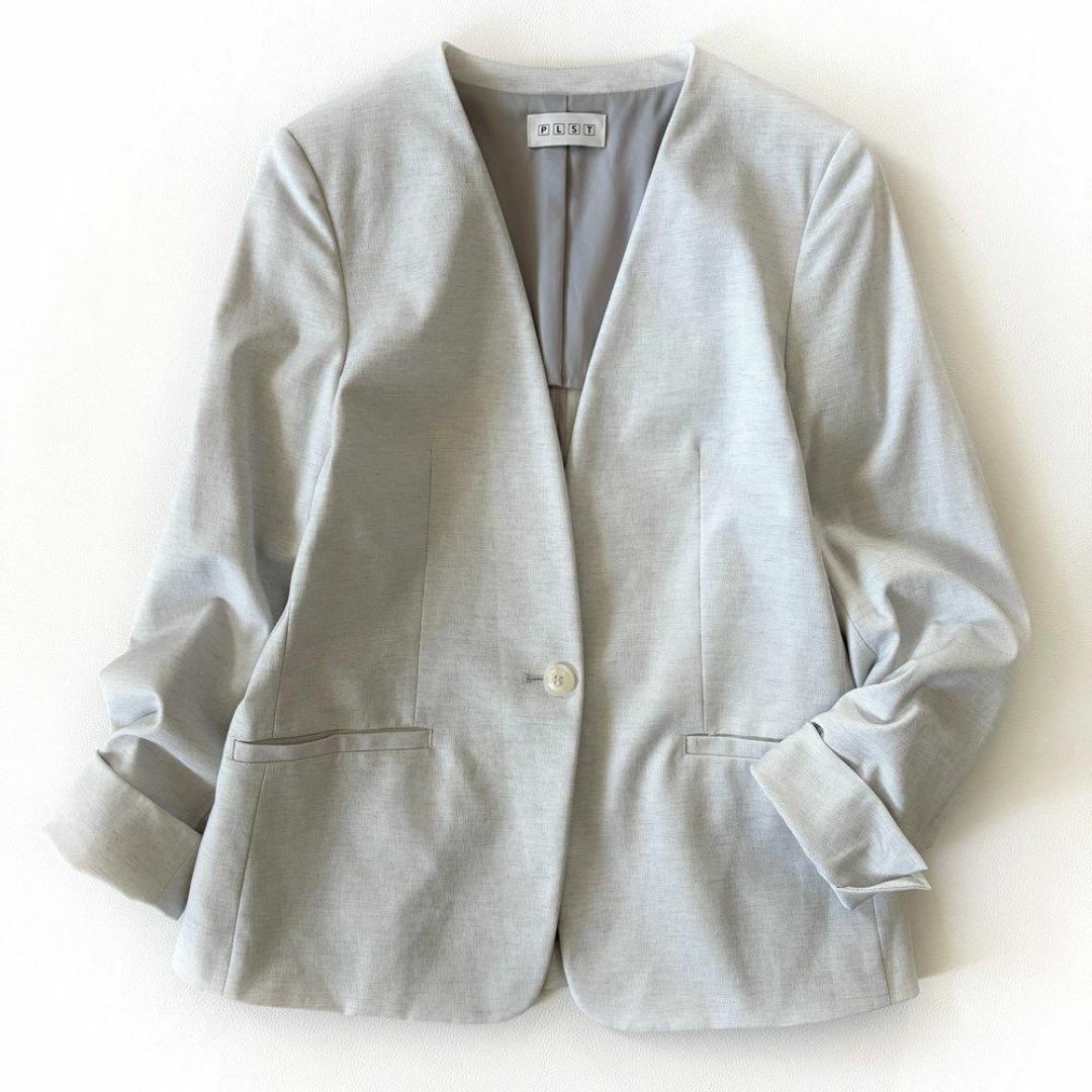 PLST - 極美品♪PLST◆プラステ◆リネンブレンドカラーレスジャケット　ノーカラー