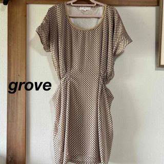 grove - grove 美品レディース半袖ブラウス　チュニック　総柄ベージュ　Mサイズ
