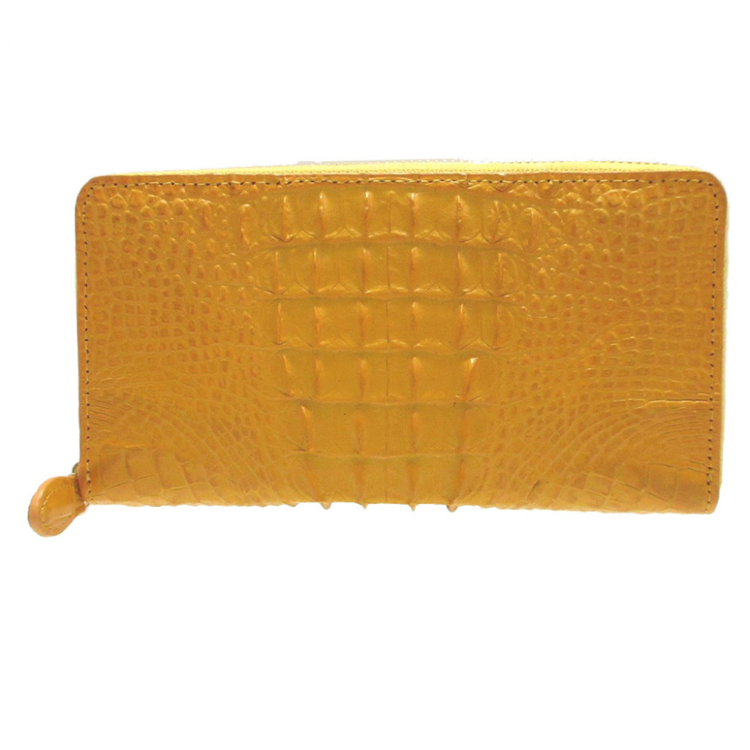 未使用 カイマン クロコダイル クロコ イエロー 黄 ラウンドファスナー長財布 財布 0601-5【中古】CAIMAN CROCODILE