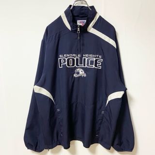 古着 used　HERO24.7com　長袖ハーフジップナイロンジャケット　ワッペン刺繍　POLICE　ネイビー　紺　Lサイズ(ナイロンジャケット)