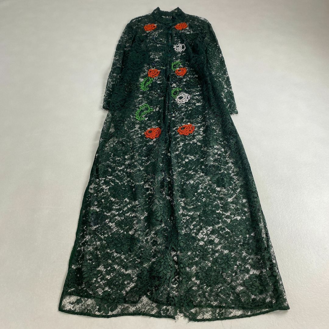 VINTAGE - ヴィンテージ　ロングカーディガン　レース　花柄　刺しゅう　ビーズ　グリーン