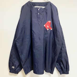 古着 used　Majestic　長袖ワンポイント刺繍ナイロンプルオーバー　ボストンレッドソックス　ネイビー　紺　Lサイズ(ナイロンジャケット)