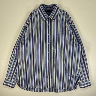 トミーヒルフィガー(TOMMY HILFIGER)の古着 トミーヒルフィガー TOMMY HILFIGER 長袖シャツ ロゴ 刺繍 ストライプ 大きいサイズ XXL  パープル系 マルチカラー メンズ(シャツ)