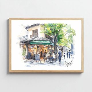 Ａ4　春の通りに佇む居心地の良いカフェと京都のヴィンテージ建築 水彩(アート/写真)