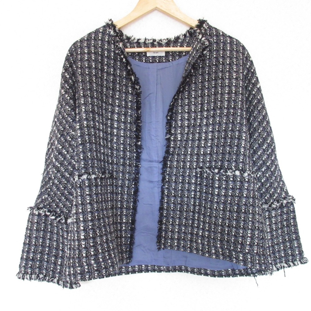 IENA - 美品 23AW IENA イエナ ノーカラー ツイードジャケット 23010900200040 36 ブラック レディース 古着 中古 USED