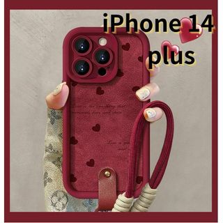 iPhone14 plus スマホケース 赤 ラムスキン風 ストラップ E034(iPhoneケース)