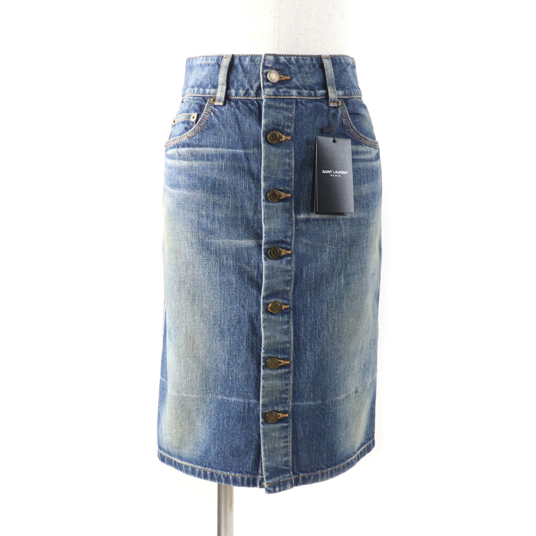 SAINT LAURENT - 未使用品★SAINT LAURENT PARIS サンローランパリ 663874 コットン100％ ロゴボタン付 デニムスカート インディゴ 25 日本製 正規品 レディース