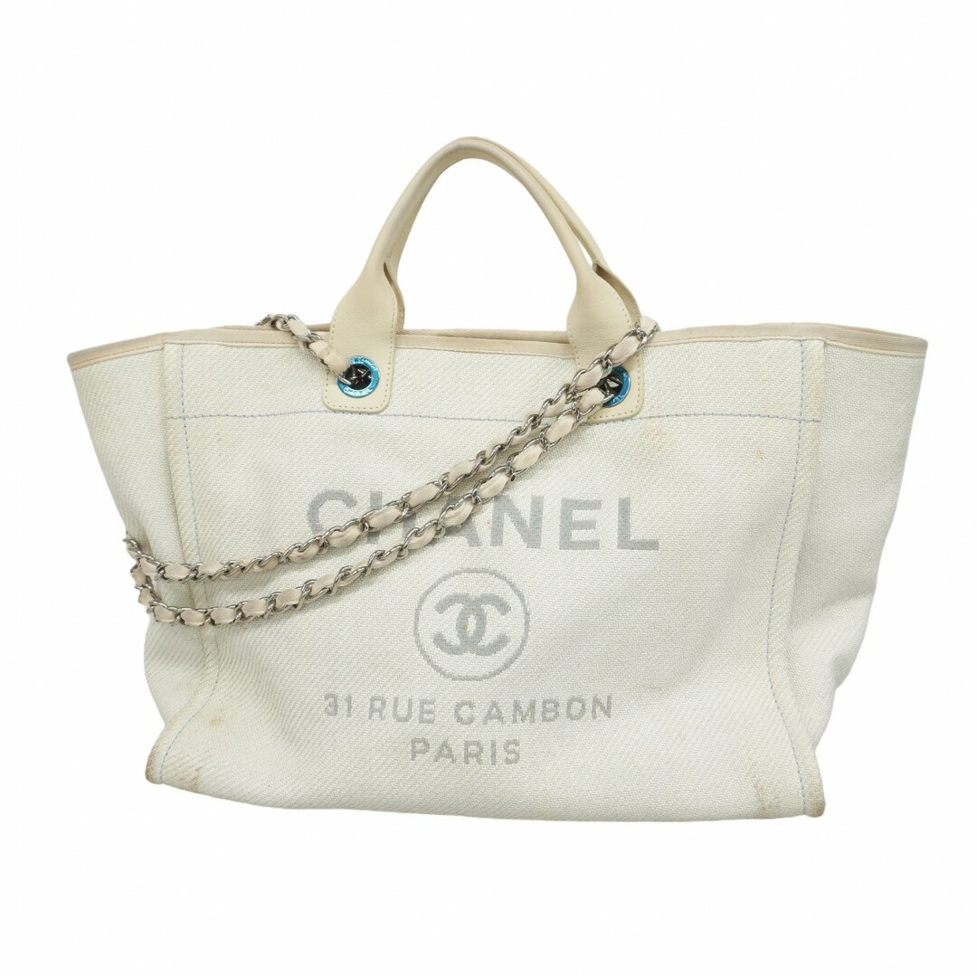 CHANEL - 【5ec2802-b】シャネル トートバッグ ドーヴィル チェーンショルダー ストロー ホワイト シルバー金具【中古】レディース