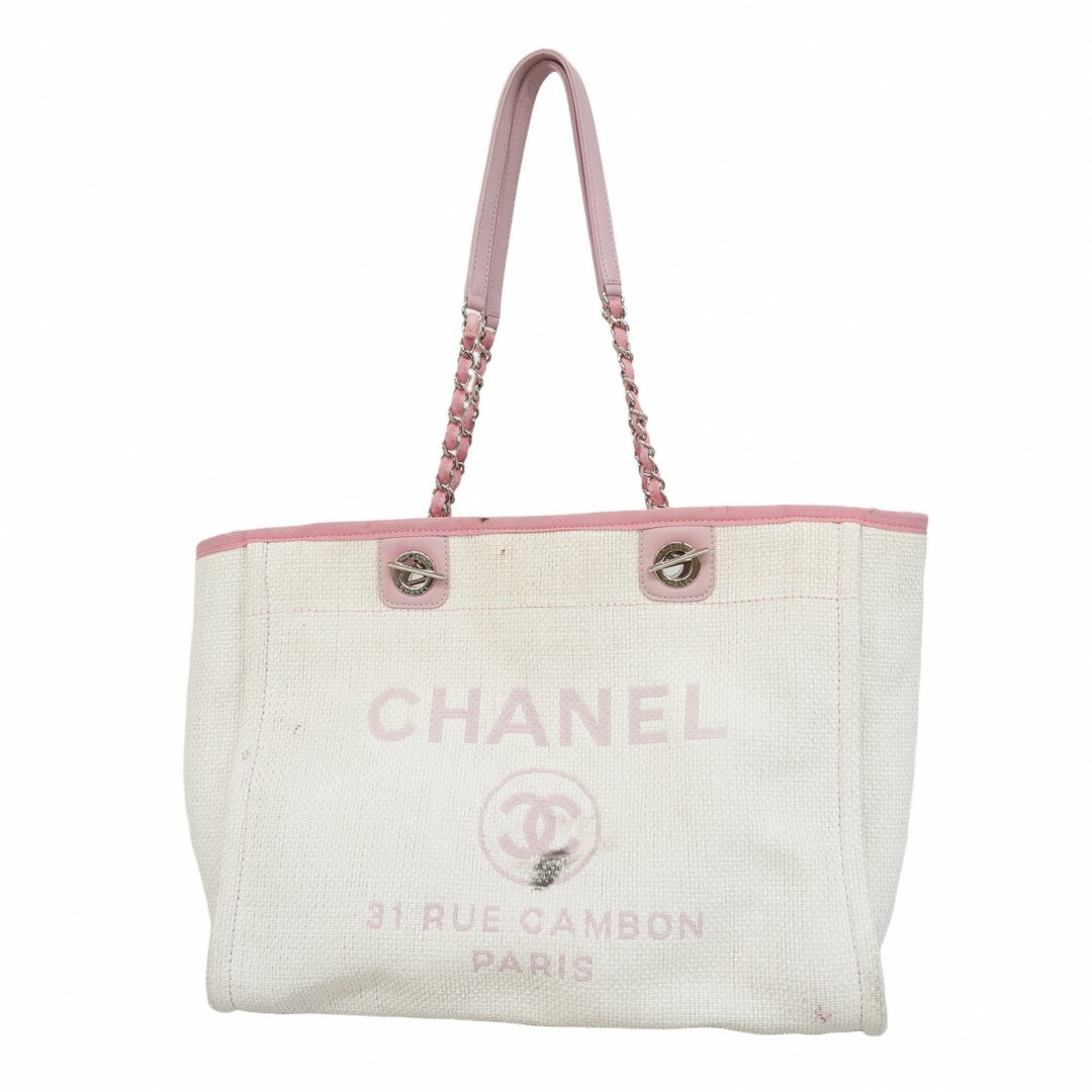 CHANEL - 【5ec2803-b】シャネル トートバッグ ドーヴィル チェーンショルダー ストロー ホワイト ピンク シルバー金具【中古】レディース