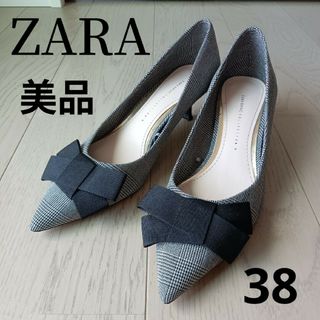 ザラ(ZARA)の美品 ZARA ザラ リボンパンプス チェック柄 38 約24cm(ハイヒール/パンプス)