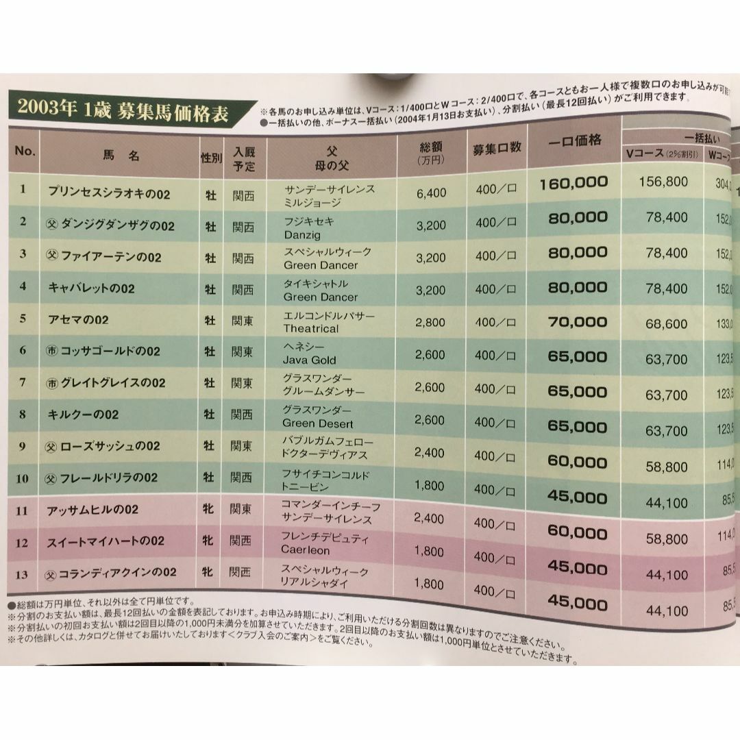 募集馬カタログ：【ＪＯＹサラブレッドクラブ】2003年 １冊 エンタメ/ホビーの雑誌(趣味/スポーツ)の商品写真
