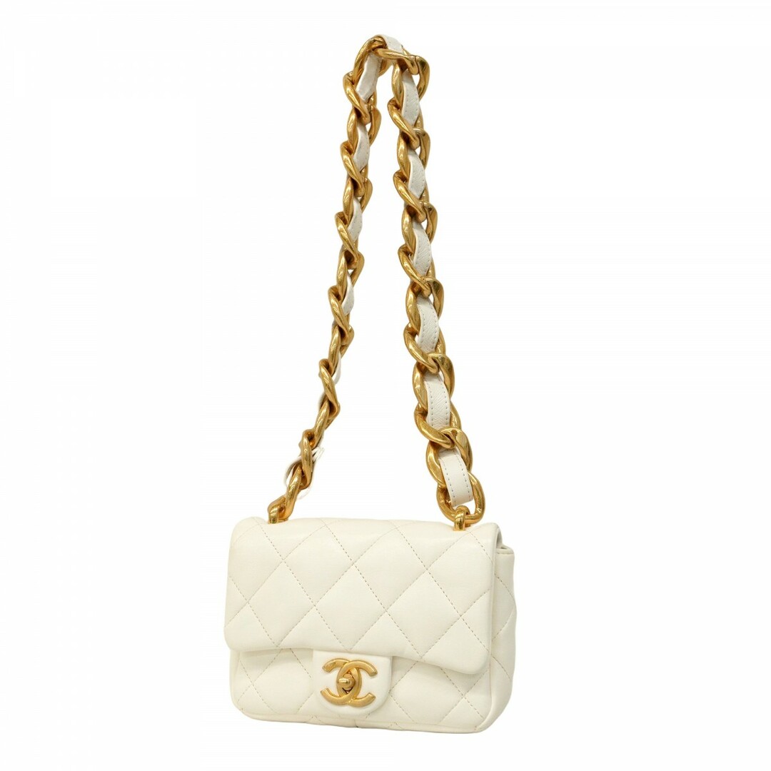 CHANEL - 【5ec2353】シャネル ショルダーバッグ ミニマトラッセ チェーンショルダー ラムスキン ホワイト ゴールド金具【中古】レディース