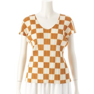 プリーツプリーズ イッセイミヤケ チェッカー 市松柄 ショートスリーブ トップス カットソー ブラウン ホワイト 3【中古】(カットソー(半袖/袖なし))