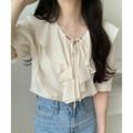 【ライトベージュ】【L】ラッフルブラウス