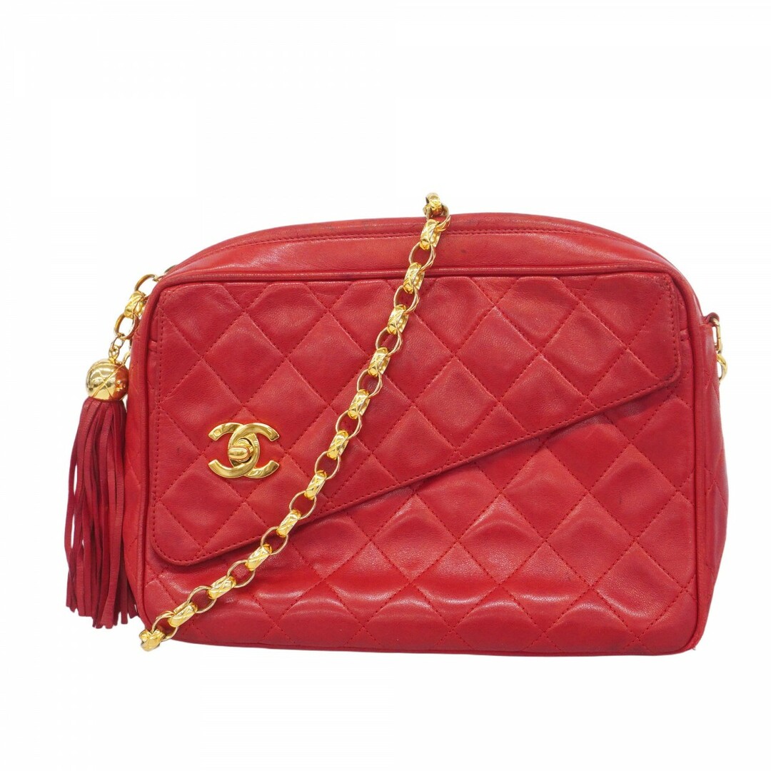 CHANEL - 【5ec3309】シャネル ショルダーバッグ マトラッセ フリンジ付きチェーンショルダー ラムスキン レッド ゴールド金具【中古】レディース