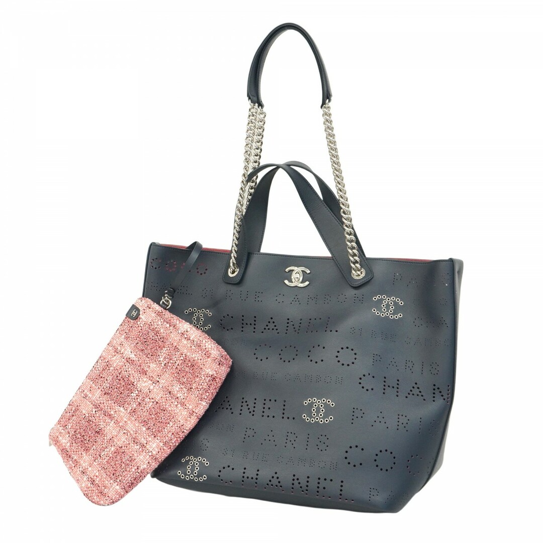 CHANEL - 【5ec3339-b】シャネル トートバッグ チェーンショルダー パンチング レザー ネイビー シルバー金具【中古】レディース