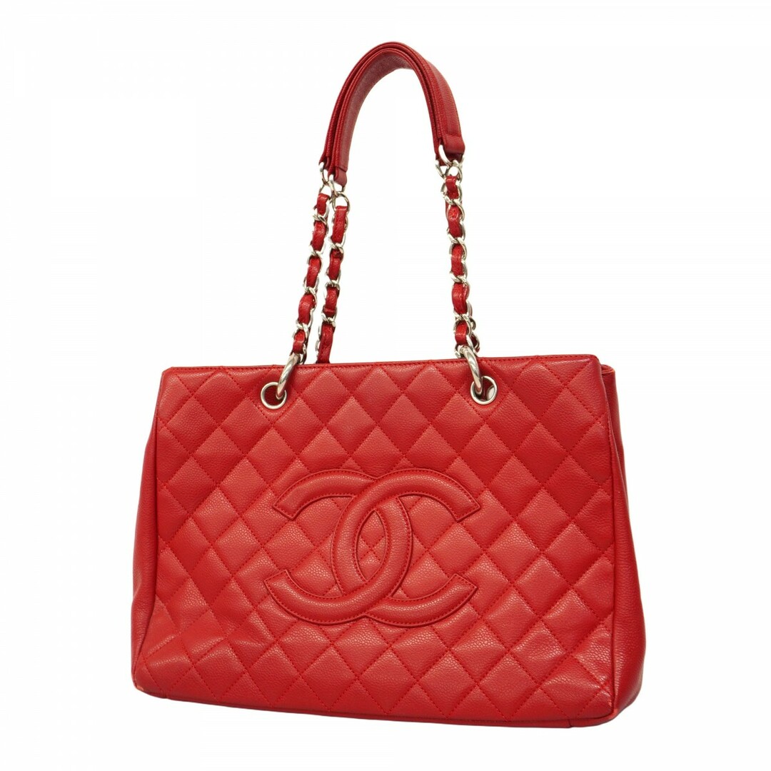 CHANEL - 【5ec3506】シャネル トートバッグ マトラッセ キャビアスキン レッド シルバー金具【中古】レディース