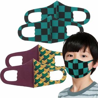 ☘️鬼滅3D立体マスク4枚セット 和柄 キッズサイズ 市松・毘沙門亀甲模様(防災関連グッズ)