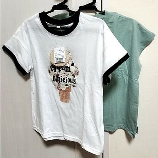 【新品タグ付】130cm子供服女の子半袖Tシャツ2点キッズ(送料無料)グリーン白(Tシャツ/カットソー)