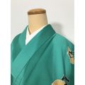 【中古】Sサイズ 化繊 小紋 グリーン地に文字模様
