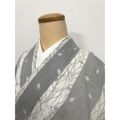 【中古】Mサイズ 化繊 紬 白地に枝葉文様 夏着物 裄長め