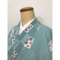 【中古】Mサイズ 化繊 紬 白緑地に花格子模様 夏着物