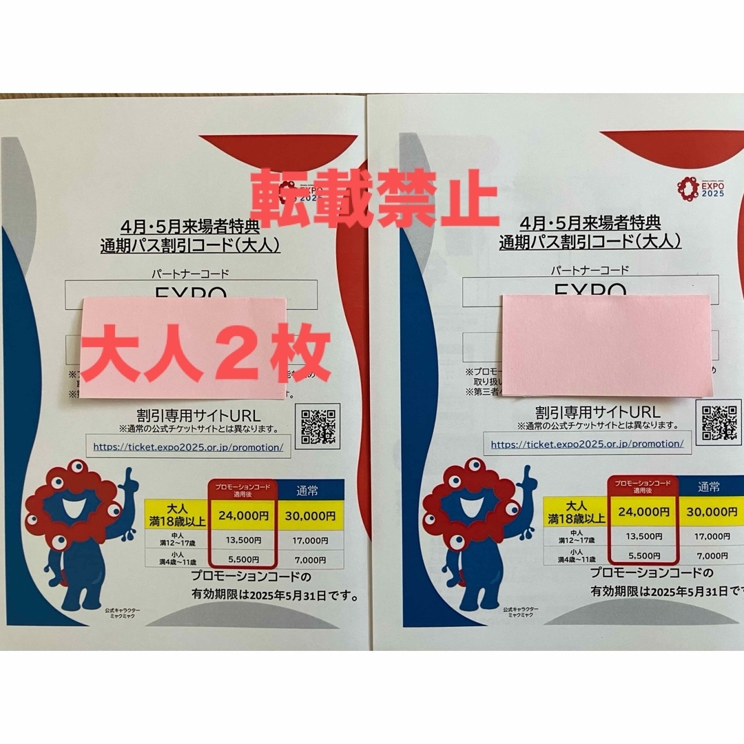 大阪 関西 万博 通期パス 割引券 大人2枚 チケットの優待券/割引券(その他)の商品写真