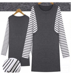 新品♥グレー/ストライプコンビワンピ★3L(ひざ丈ワンピース)