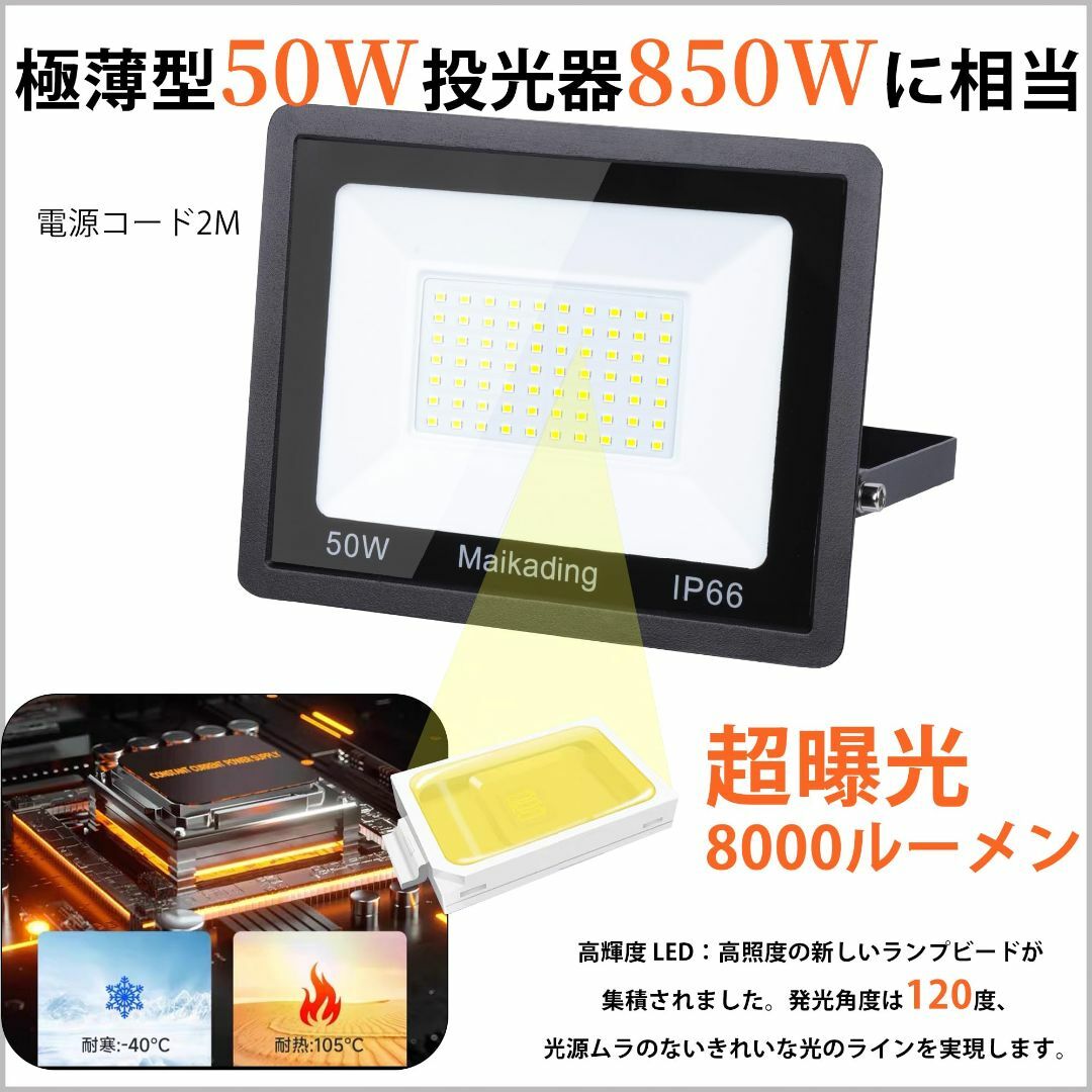 Amazon.co.jp: HIKARI独占販売 LED投光器 50W led作業灯 二代目