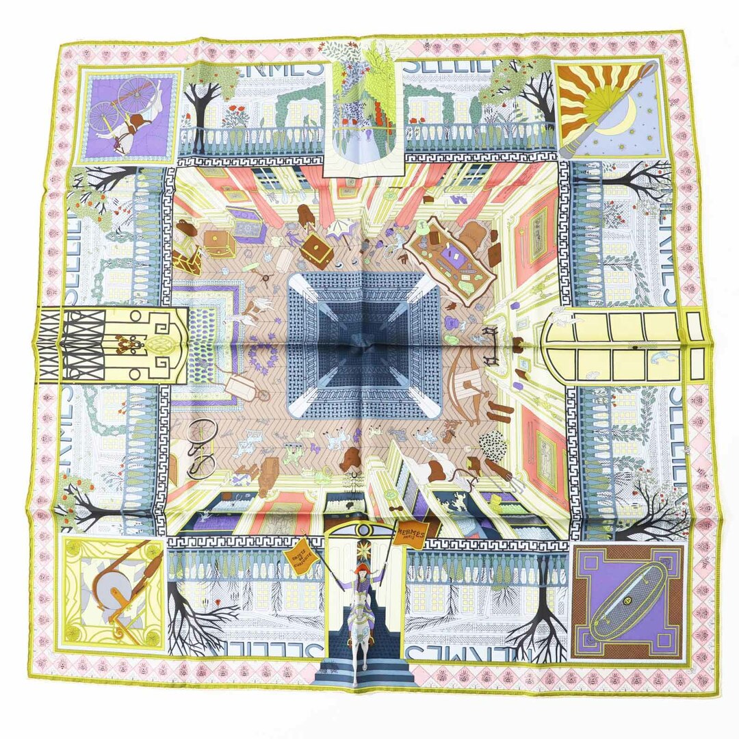 HERMES - 未使用品◎HERMES エルメス カレ90 Objets de Curiosite オブジェ ドゥ キュリオジテ シルク100％ BLEU GRES／JAUNE SO スカーフ 箱付き フランス製 正規品 レディース