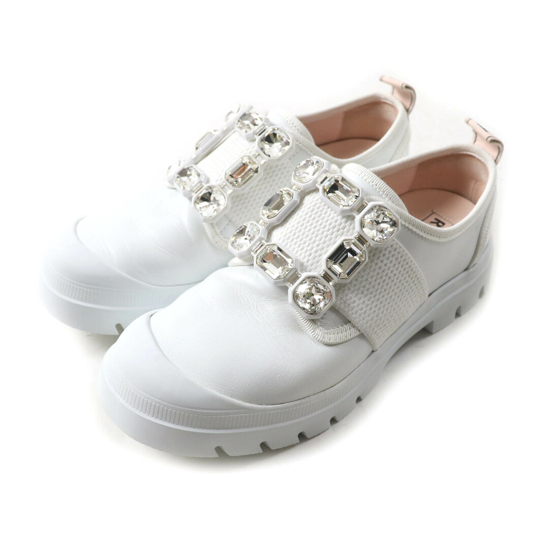 美品★ROGER VIVIER ロジェヴィヴィエ WALKYVIV ウォーキーヴィヴ ビジュー付 ストラスバックル レザー スニーカー ホワイト 36 イタリア製 レディース
