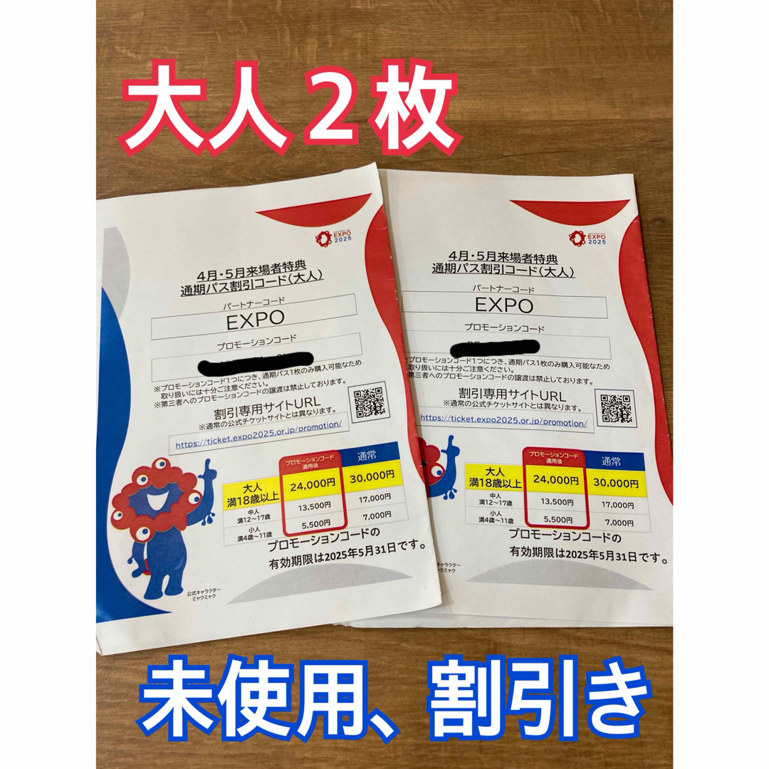 大阪万博 通期パス 割引きコード 未使用紙 大人2枚 チケットの施設利用券(遊園地/テーマパーク)の商品写真