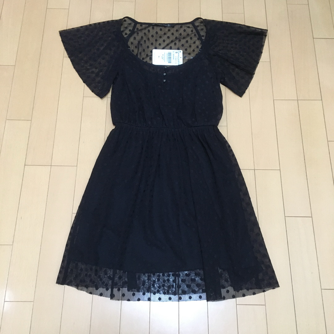 ZARA(ザラ)の#新品#タグ付#ザラ#ワンピース#チュニック#半袖#レース#ドット#ブラック#S レディースのトップス(チュニック)の商品写真