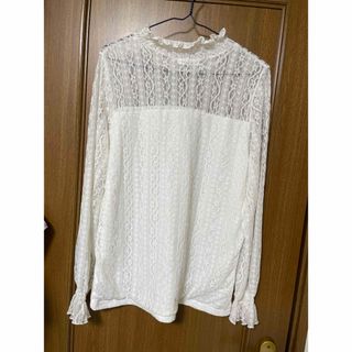 ホワイト レース 長袖シャツ フリルネックL(シャツ/ブラウス(長袖/七分))