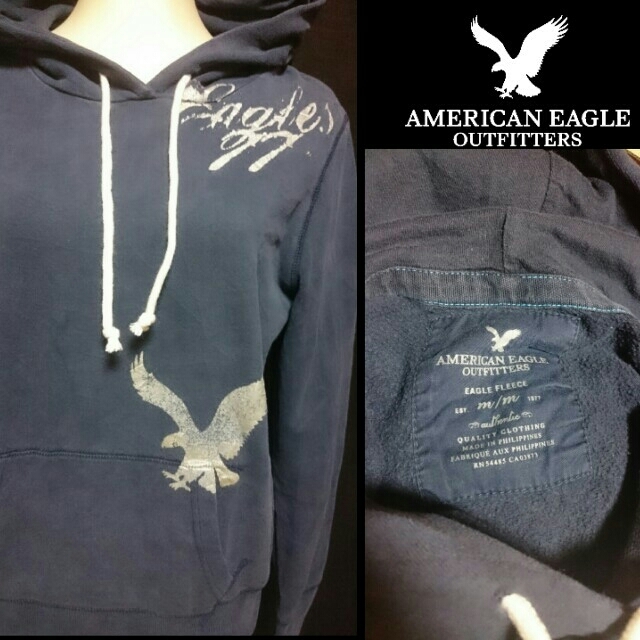 American Eagle(アメリカンイーグル)のアメリカンイーグル♡ プルオーバー ロゴ パーカー ネイビー/レディースM～L レディースのトップス(パーカー)の商品写真